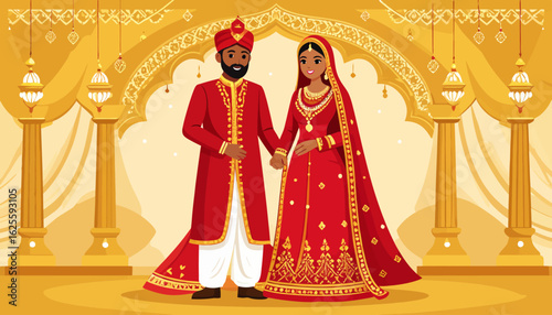 Indian Wedding Ceremony: Traditional Couple Illustration