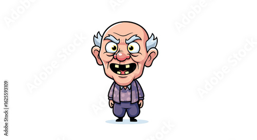Cartoonish depiction of an elderly man with exaggerated features and a grumpy expression stands isolated