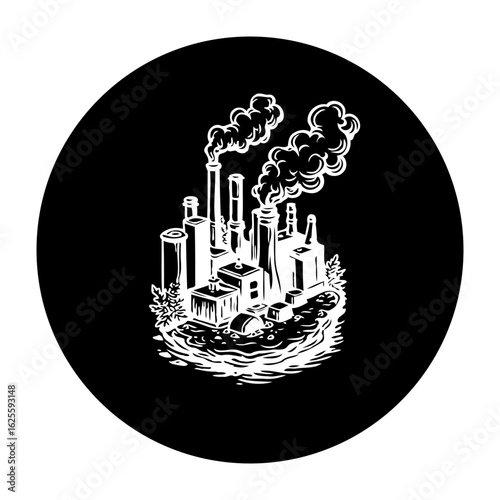 Monochrome stylized industrial landscape illustration capturing heavy pollution in a circular frame design with intricate smokestacks