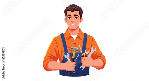 A Cartoon-Style Repairman Holding Tools, Showcasing Home Improvement and Maintenance Skills