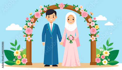 Muslim Wedding Ceremony: Cartoon Couple Under Floral Arch