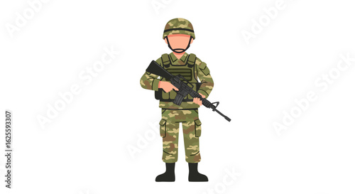 Digital illustration showcasing a faceless soldier in camouflage uniform holding rifle arms