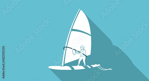 Stylized illustration of windsurfer with a minimalist aesthetic conveying a sense of freedom and adventure on the water