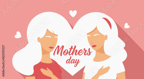 Elegant Illustration Celebrating Mothers Day with Two Women and Heart Motif Against Pink Backdrop