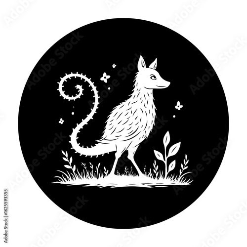 Stylized whimsical animal design featuring a fantastical creature with a spiky tail and feathered body on dark background