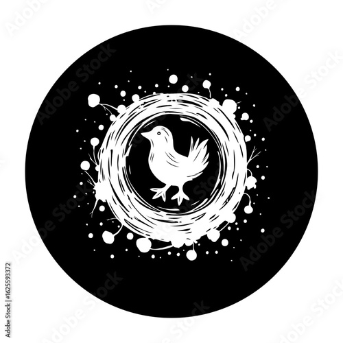 Elegant bird silhouette on a grunge style nest within a black circular space offering visual appeal