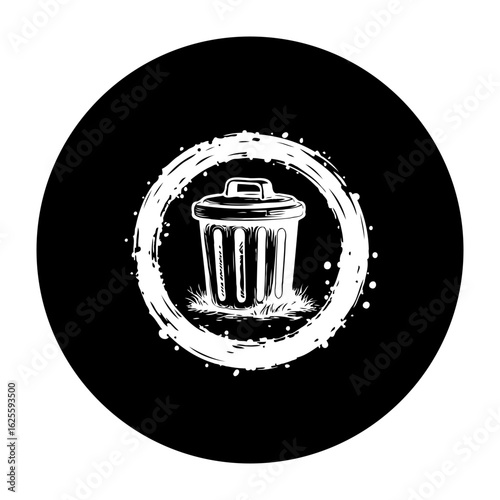 Trash can illustration art within distressed white circular frame against a black background for disposal