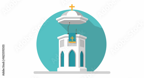 Stylized Pulpit Illustration with Teal Backdrop Showcasing Architectural Minimalism and Religious Symbolism