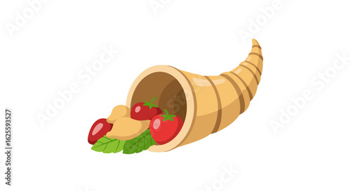 Festive cornucopia horn overflowing with autumn harvest vegetables and fresh produce vector illustration, conveying themes of abundance and