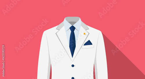 Elegant White Suit with Navy Accents against a Vibrant Red Background, a Symbol of Style and Sophistication