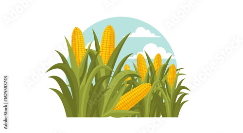Cartoon Illustration of a Vibrant Cornfield with Blue Sky Backdrop Depicting Agricultural Abundance