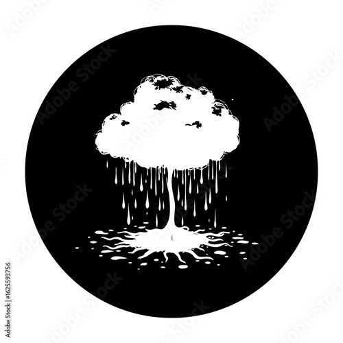 Monochrome stylized illustration of a cloud pouring rain forming a central stem, conceptual representation