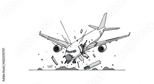 Dramatic Airplane Crash Illustration with Debris and Impact Showing the Airplane Breaking on the Ground