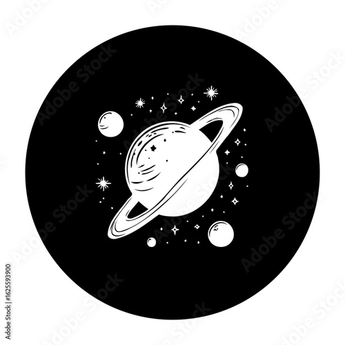 Celestial wonder: Illustration of saturn and stars against a black backdrop creating a captivating cosmic scene