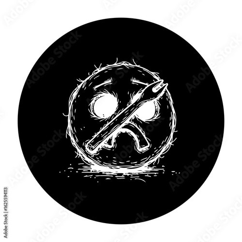 Distressed digital face with broken fork metaphorically depicting feelings of anxiety stress and fatigue black