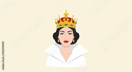 Elegant Vector Illustration of a Queen with a Golden Crown and Regal Attire against a Creamy Background