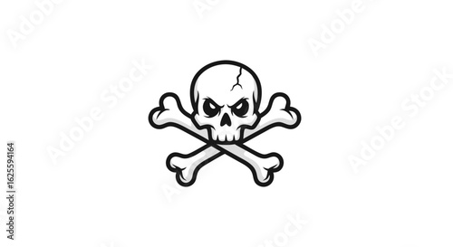 Grinning Skull and Crossbones Cartoon Isolated on White Backdrop with Intense Eyes and Forehead Fracture Creates a Bold Image