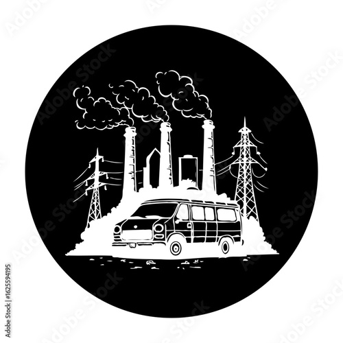 Illustration of a black and white industrial scene featuring a van amidst factories and power lines, presented within a circular frame