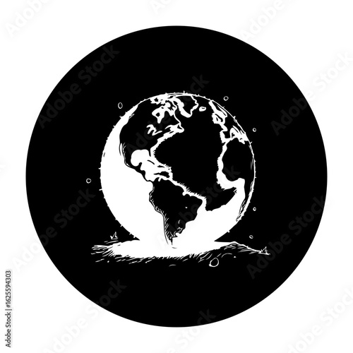 Abstract illustration of earth with detailed continents and oceans rising above a desolate landscape, world