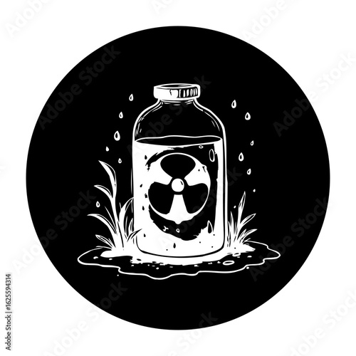 Contaminated water bottle with radiation symbol illustrating environmental pollution and safety concerns due to waste