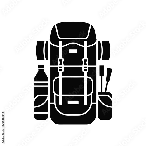 Hiking backpack with water bottle and toiletries silhouette isolated on white background