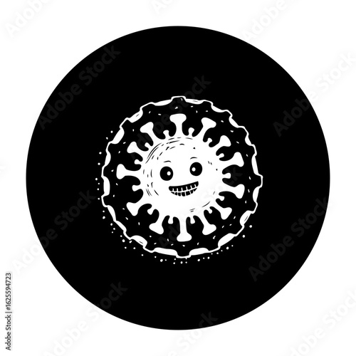 Cartoon corona virus character in black and white, pandemic global health crisis illustration art drawing