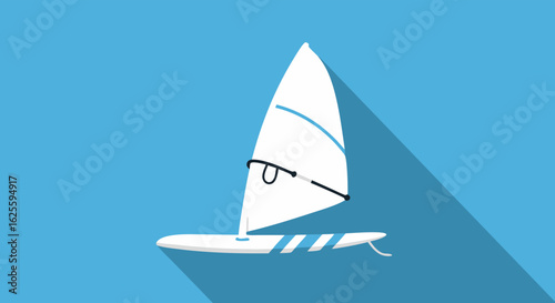 Minimalist flat vector illustration showcasing windsurfing in vivid blues and whites offers simplicity and visual clarity symbolizing a summer