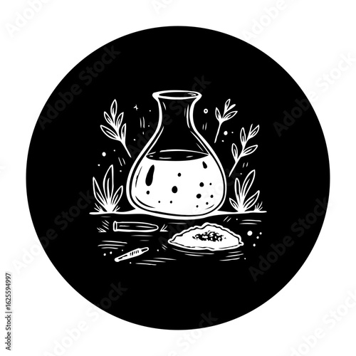Illustrative depiction of scientific laboratory equipment and plant elements in an artistic arrangement with a minimalist design