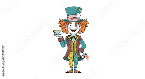 Eccentric Tea Party Host with Asymmetrical Eyes and Whimsical Attire Ready to Serve from Storybook Illustration Style