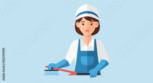 Enchanting cleaner illustration presenting meticulous floor cleaning expertise with broom showing service efficiency and expertise in cleaning