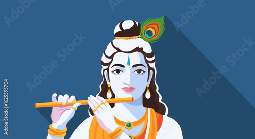 Illustration of Lord Krishna playing the flute with peacock feather adornment and traditional attire for spiritual themes