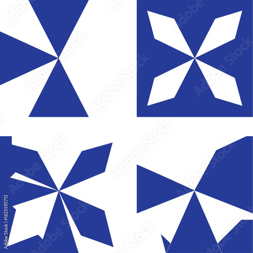 Four abstract geometric designs in blue and white, featuring radial symmetry and angular shapes against a square background.