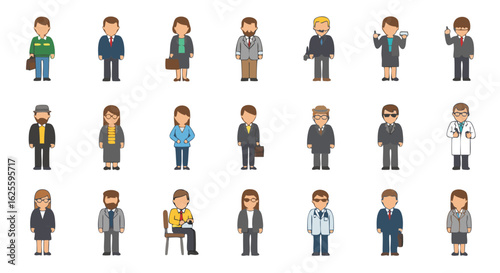 Diverse array of stylized professional figures, representing various occupations and roles in a business setting vector illustration