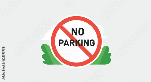Vector illustration displaying a symbolic no parking traffic signal with foliage embellishments on a light background indicating restrictions on