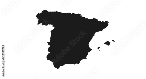 Isolated dark silhouette of Spain's geographic landmass, showcasing borders and national identity within the European context geographical design
