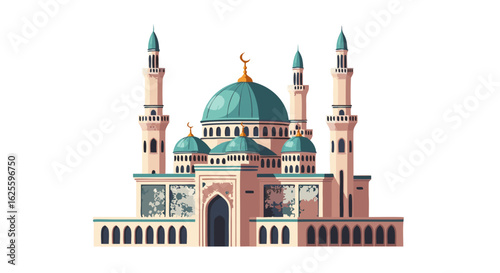 Serene Islamic architecture illustration featuring a grand mosque with minarets and domes on a plain background
