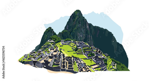 Stylized Machu Picchu Illustration: Ancient Inca Citadel Nestled in Verdant Andean Mountains Depicted with Crisp, Angular Lines and Modern Artistic