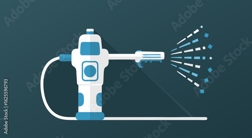 Futuristic medical sprayer for disinfection with blue and white color scheme, concept of hygiene technology application or agricultural pesticide