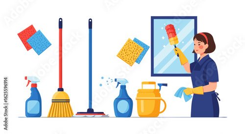 Illustrative portrayal of a cleaning professional at work featuring essential cleaning tools and equipment in a tidy arrangement
