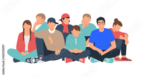 Diverse group of young adults sitting casually on the floor together in a relaxed formation