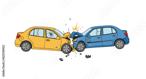 Car collision illustration showcases road safety and vehicle crash aftermath with damage assessment, emphasizing the effects of accidents and