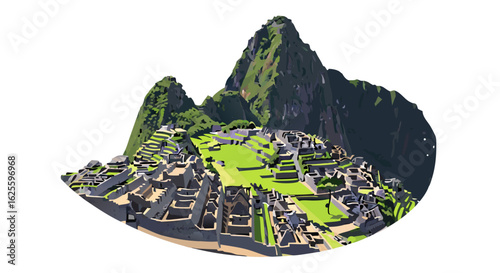Striking vector illustration of Machu Picchu with its detailed stone structures and mountainous backdrop, representing the historical significance