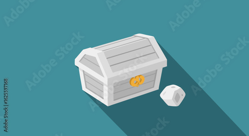 Isometric treasure chest illustration with a dice, depicting game development design and potential riches, flat design element for apps and websites
