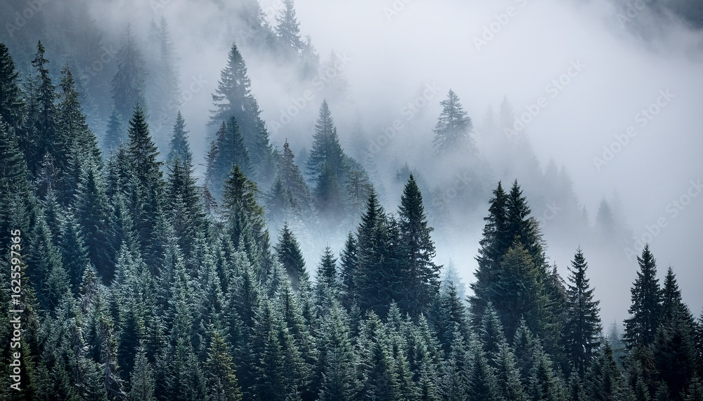 Obraz premium misty mountain forest trees enveloped in fog