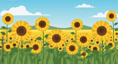 Vibrant sunflowers blooming under a clear sky, creating a happy and cheerful atmosphere in a bright rural landscape full of summer warmth, bringing