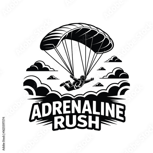 Parachutist silhouette in freefall with adrenaline rush text isolated on white background