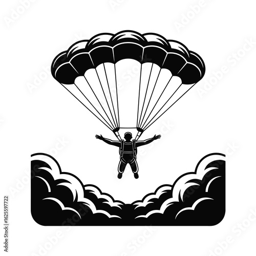 Skydiver silhouette falling with parachute and clouds isolated on white background