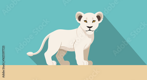 Illustration of a beautiful white lion cub standing elegantly, perfect for educational resources, children's books, and various creative animal