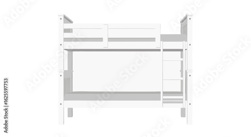 Minimalist depiction of a white wooden bunk bed showcasing its frame and ladder detailing, set against a clean white backdrop, simple structure and