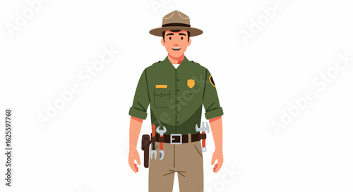 Illustrated Park Ranger in Uniform Ready for Duty at a National Park Promoting Conservation and Maintenance for Visitors Enjoying the Outdoors and
